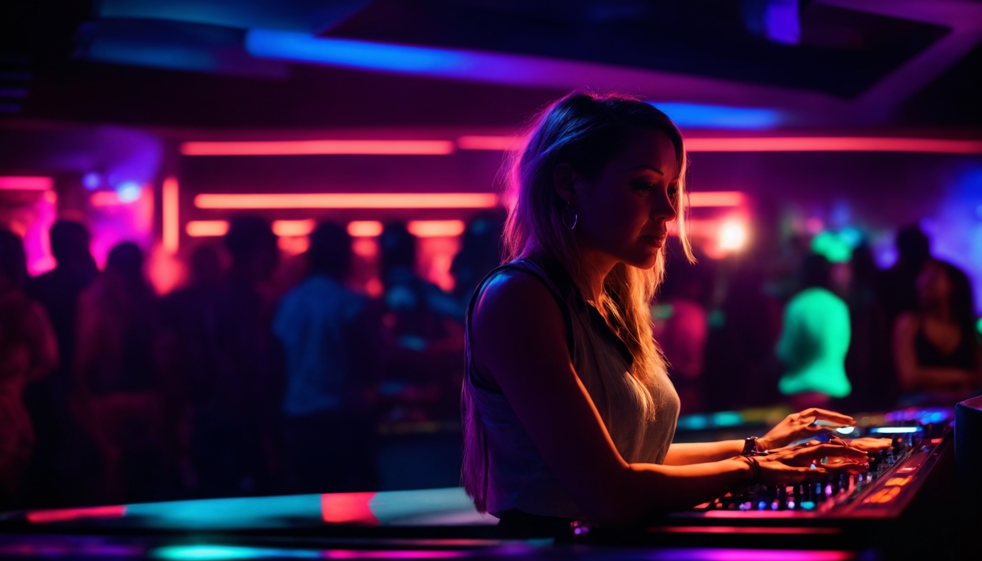 Suasana club party malam dengan pencahayaan neon dan DJ booth yang memukau
