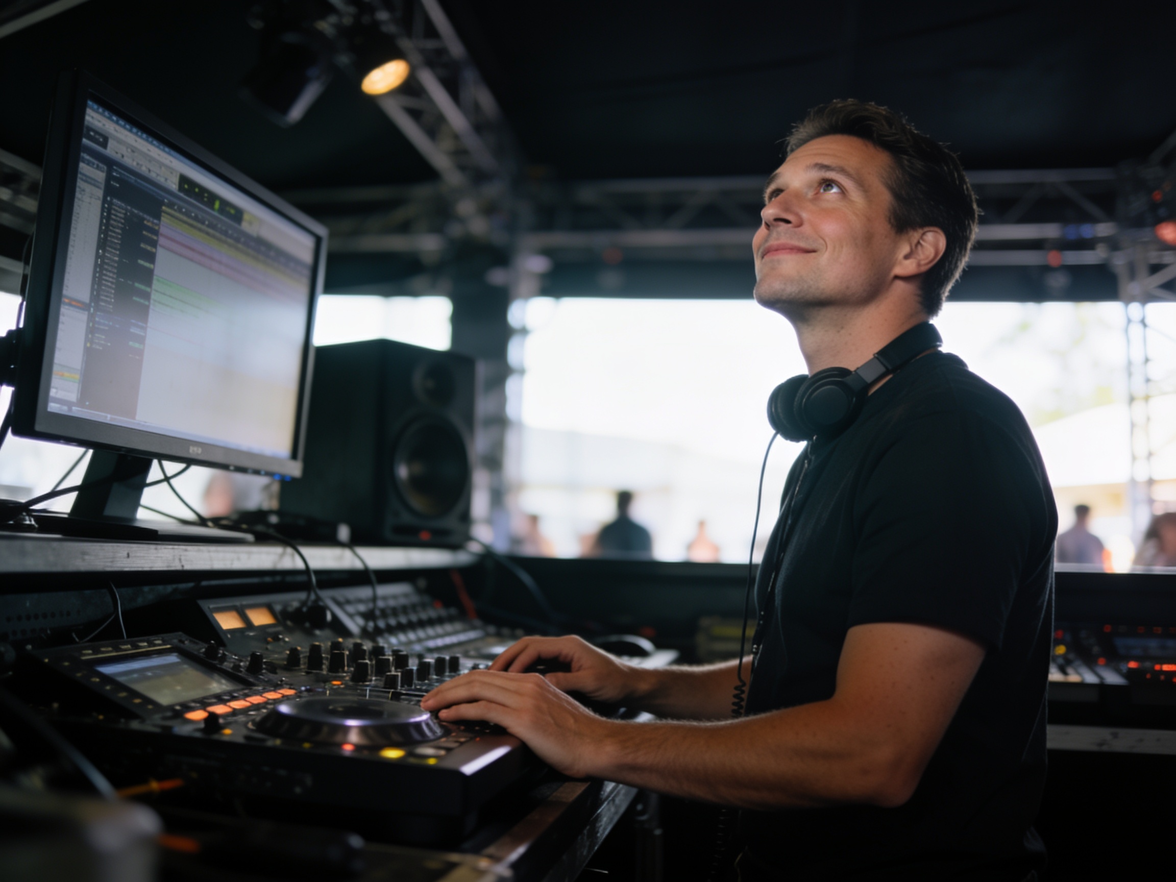 Sound engineer mengoperasikan sistem audio digital modern di DJ booth