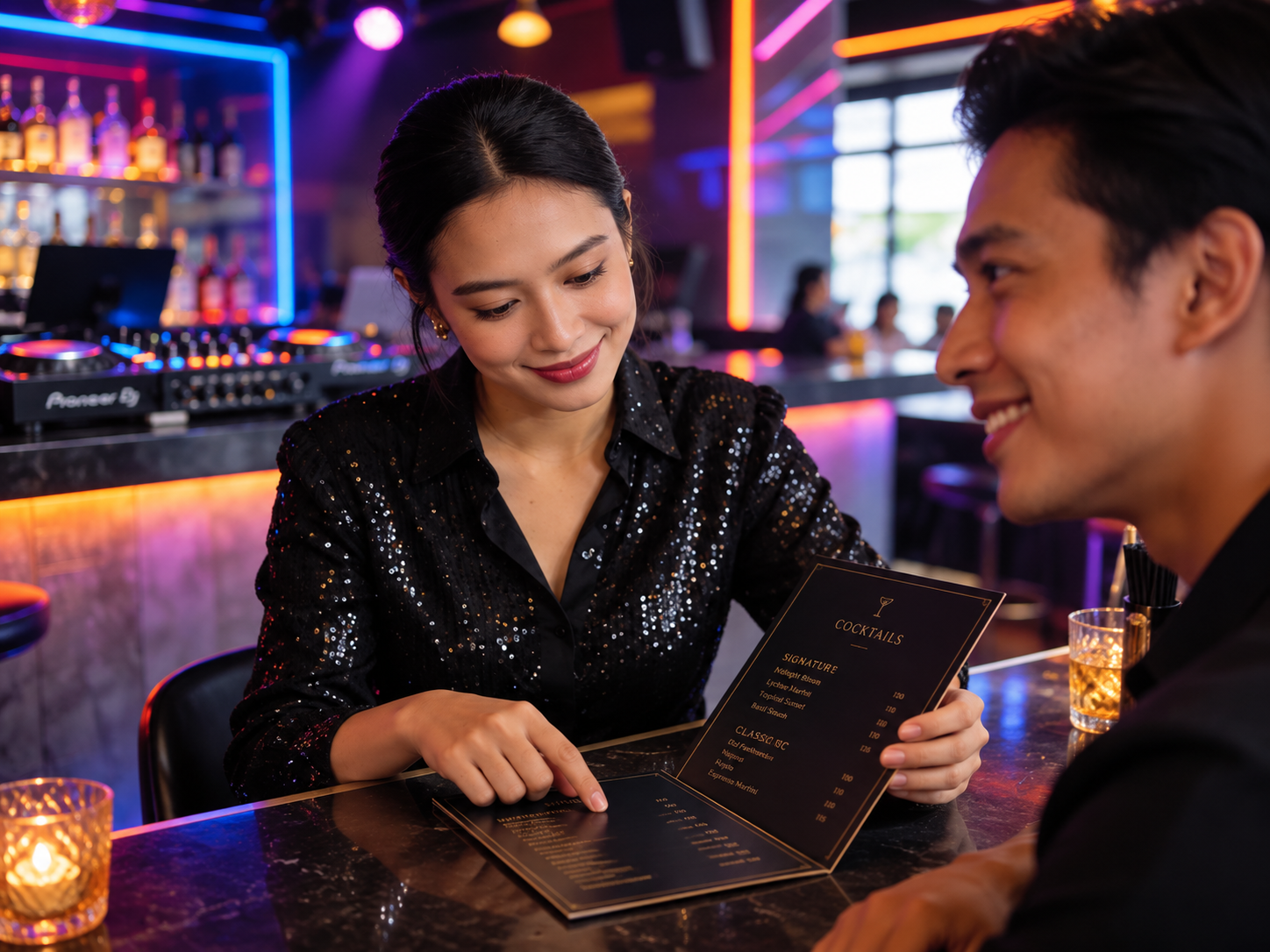 Wanita Indonesia memeriksa undangan acara di klub modern untuk panduan traveling nightlife enthusiast.